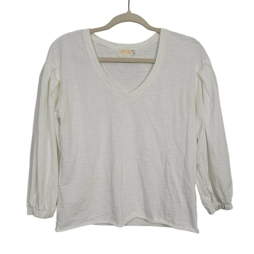 Nation Ltd White Puff Sleeve Top Sz XS V-neck Cotton Neutral‎ Simple Minimalist